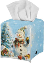 doginthehole Christmas Decorations Tissue Box Cover, Cute Snowman Xmas Tree Print PU Leather Tissue Box Holder Square Kleenex Box Covers for Bathroom/Home/Office/Car Christmas Decor