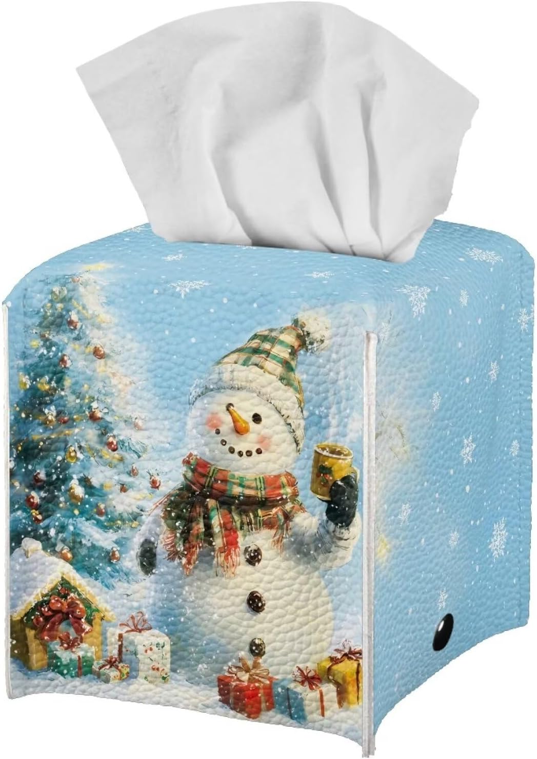 doginthehole Christmas Decorations Tissue Box Cover, Cute Snowman Xmas Tree Print PU Leather Tissue Box Holder Square Kleenex Box Covers for Bathroom/Home/Office/Car Christmas Decor