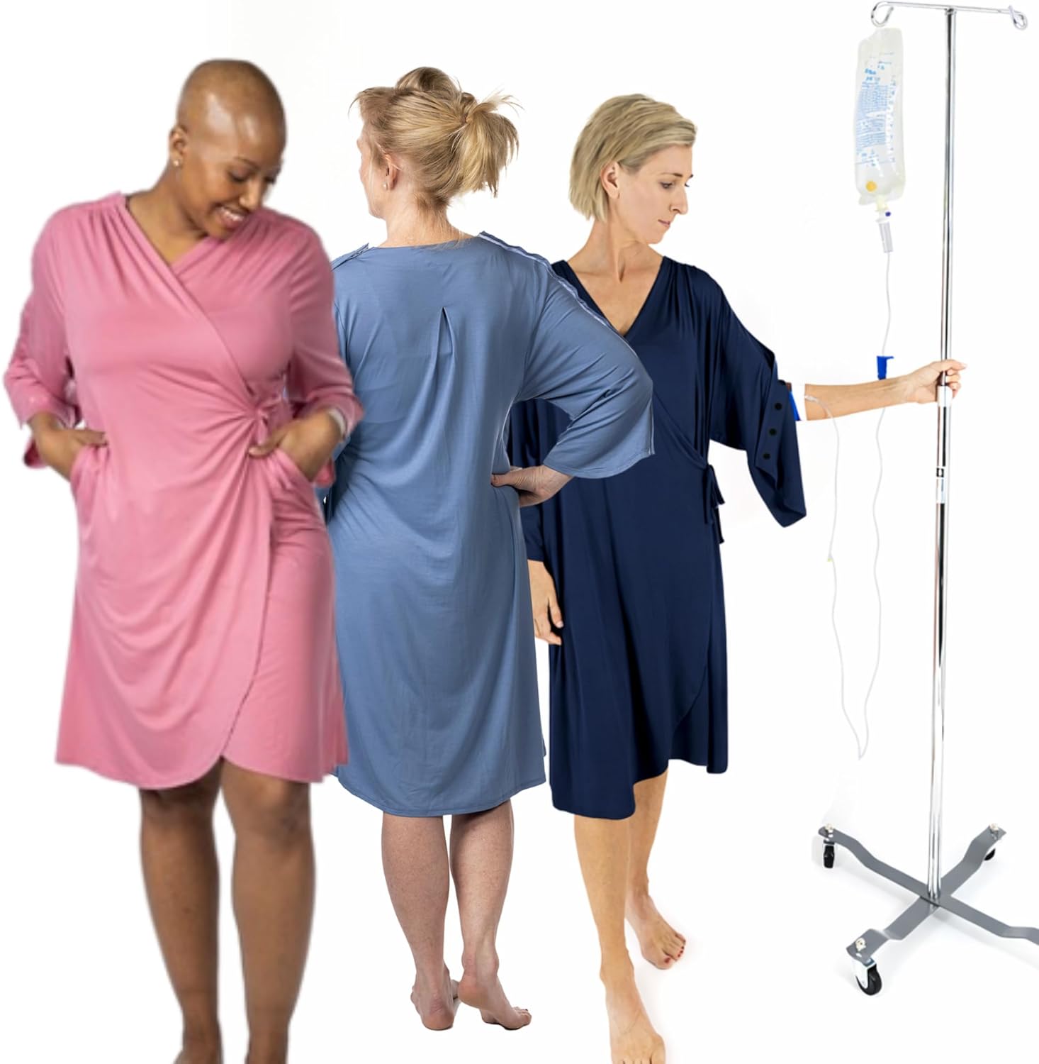 KickIt Hospital Gowns for Women with Snaps Sleeves for IVs, Chemo Robe for Port Access, Mastectomy Shirt with Drain Pockets