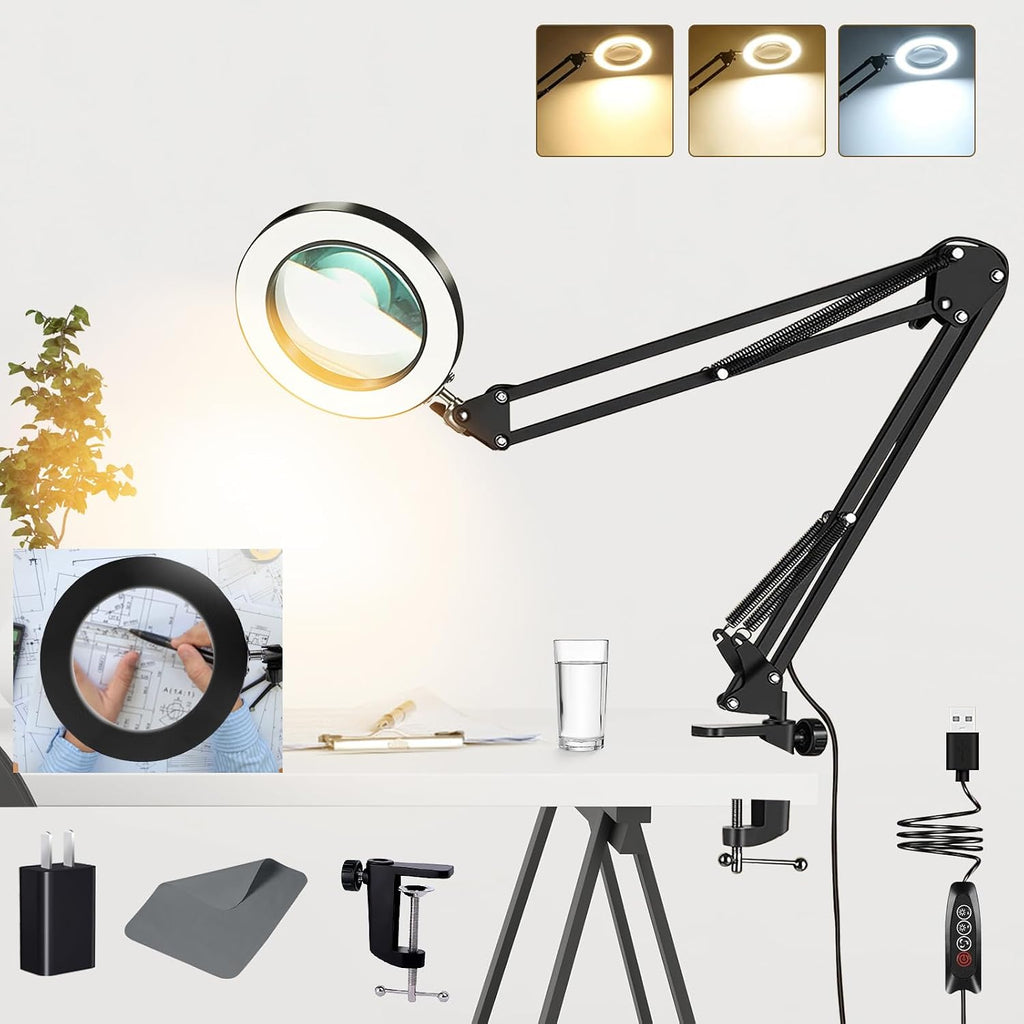 10X Magnifying Glass with Light, Adjustable Swing Arm 72 LEDs Real Glass Lens Magnifying Lamp, 3 Color Modes 10 Stepless Dimmable, Lighted Magnifier for Daily Reading Hobbies Crafts Workbench (Black)