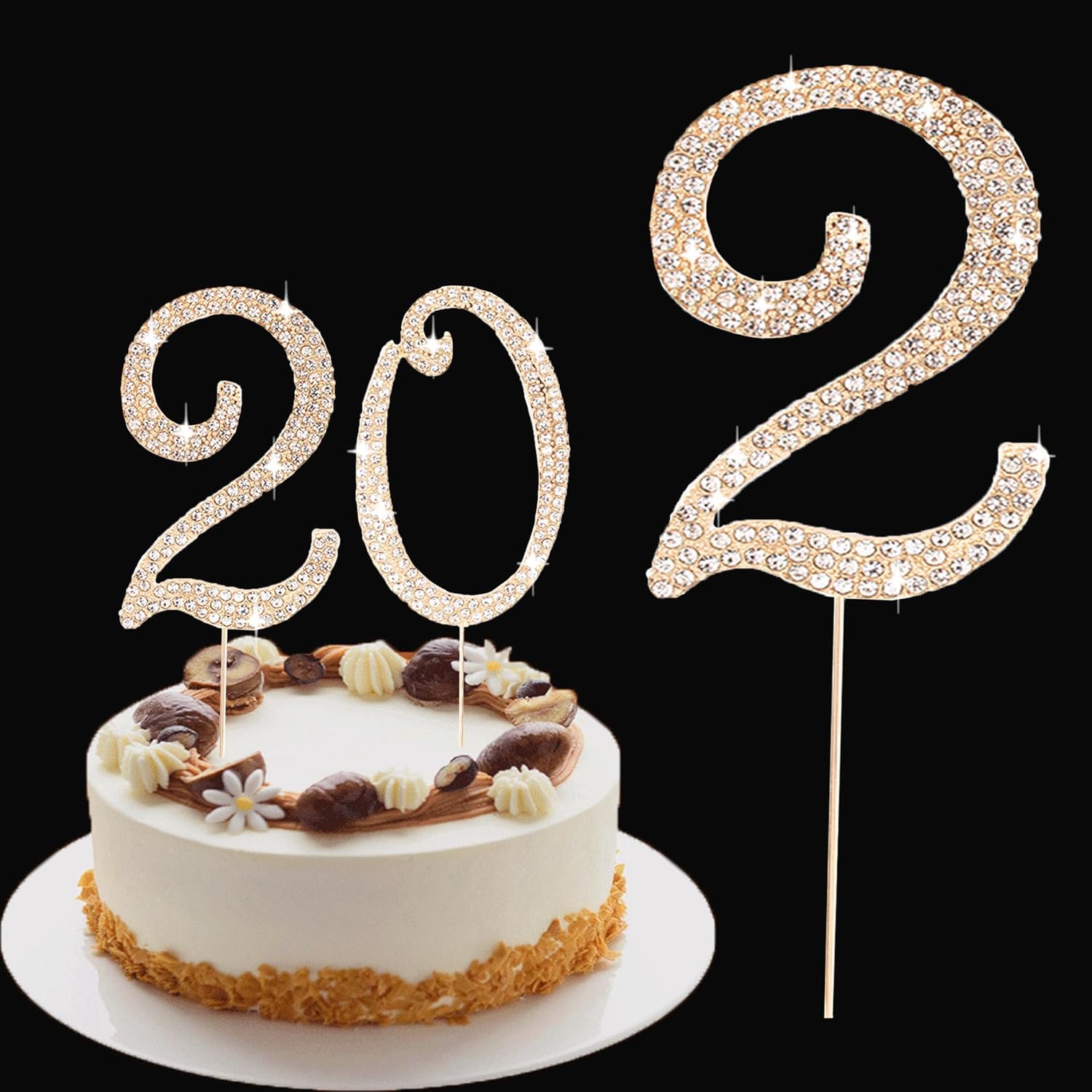 Birthday Cake Topper Number, Bling Gold Rhinestone Large Number 0-9 Happy Birthday Cake Topper for Birthday Anniversary Party Decoration, 2