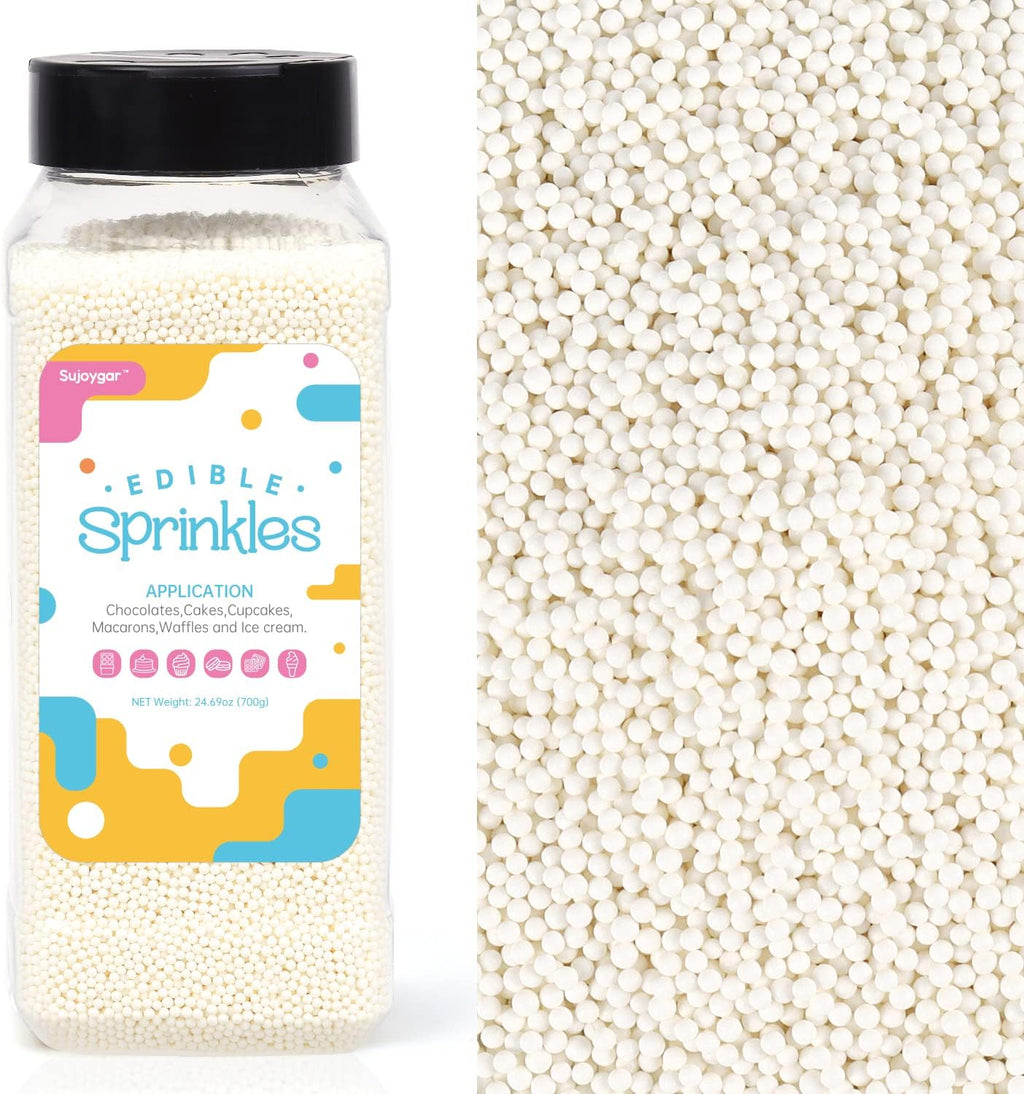 White Nonpareils Sprinkles, Food Grade 1.54 LB Bulk, Sujoygar, White Sprinkles for Cake Decorating, Cupcake, Ice cream, Chocolate