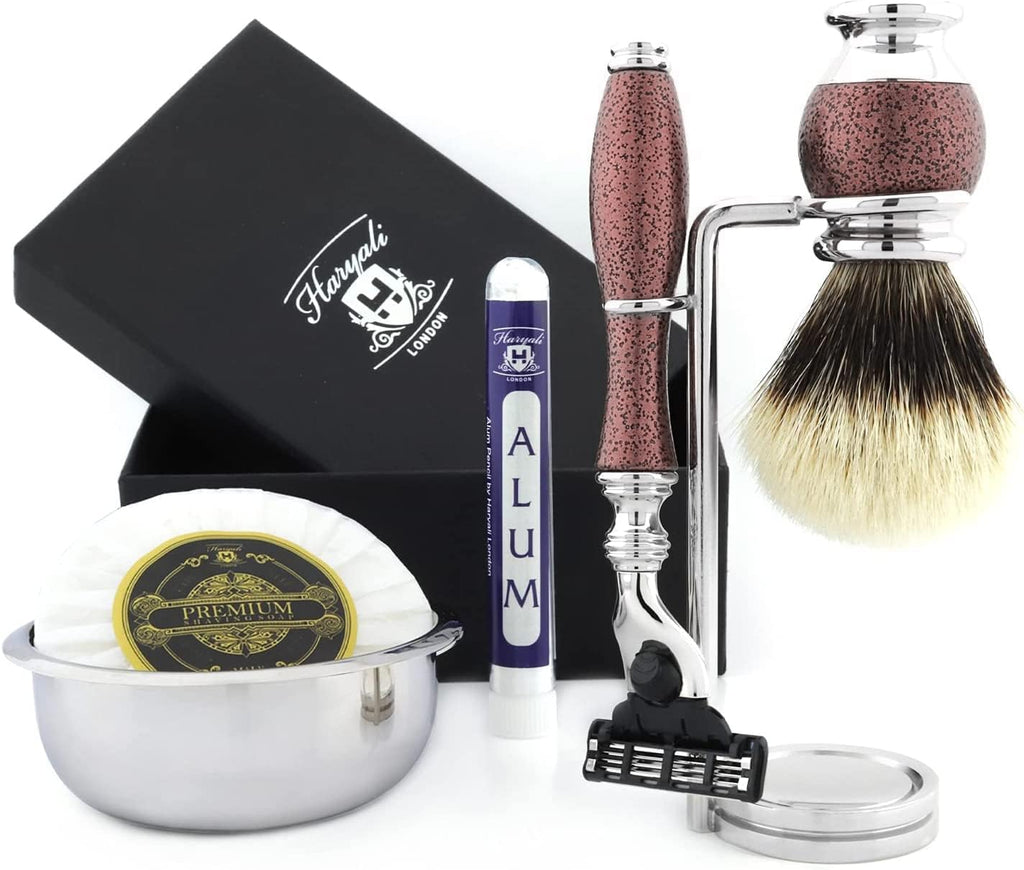 Haryali London 6Pc Mens Shaving Kit 3 Edge Razor with Black Badger Hair Shaving Brush, Stand, Soap, Bowl and Alum Perfect Set for Men