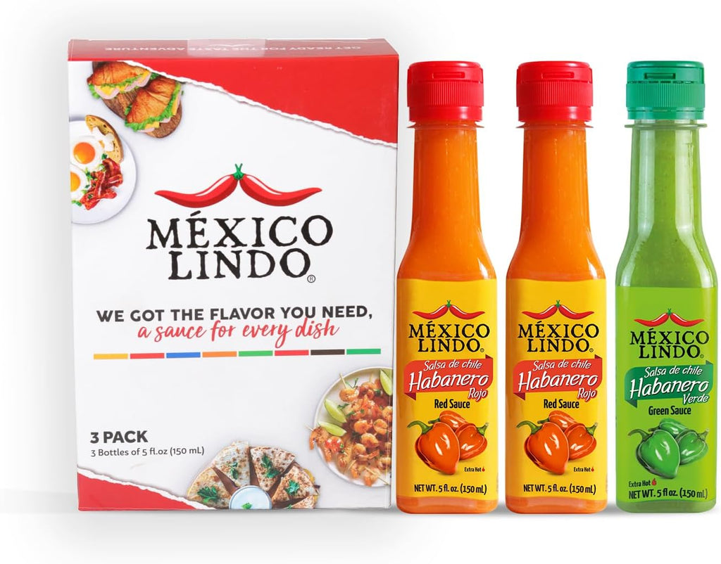 Mexico Lindo Hot Sauce Variety Pack Display with 2 Red Habanero, 1 Green Habanero, 5 fl oz, Pack of 3