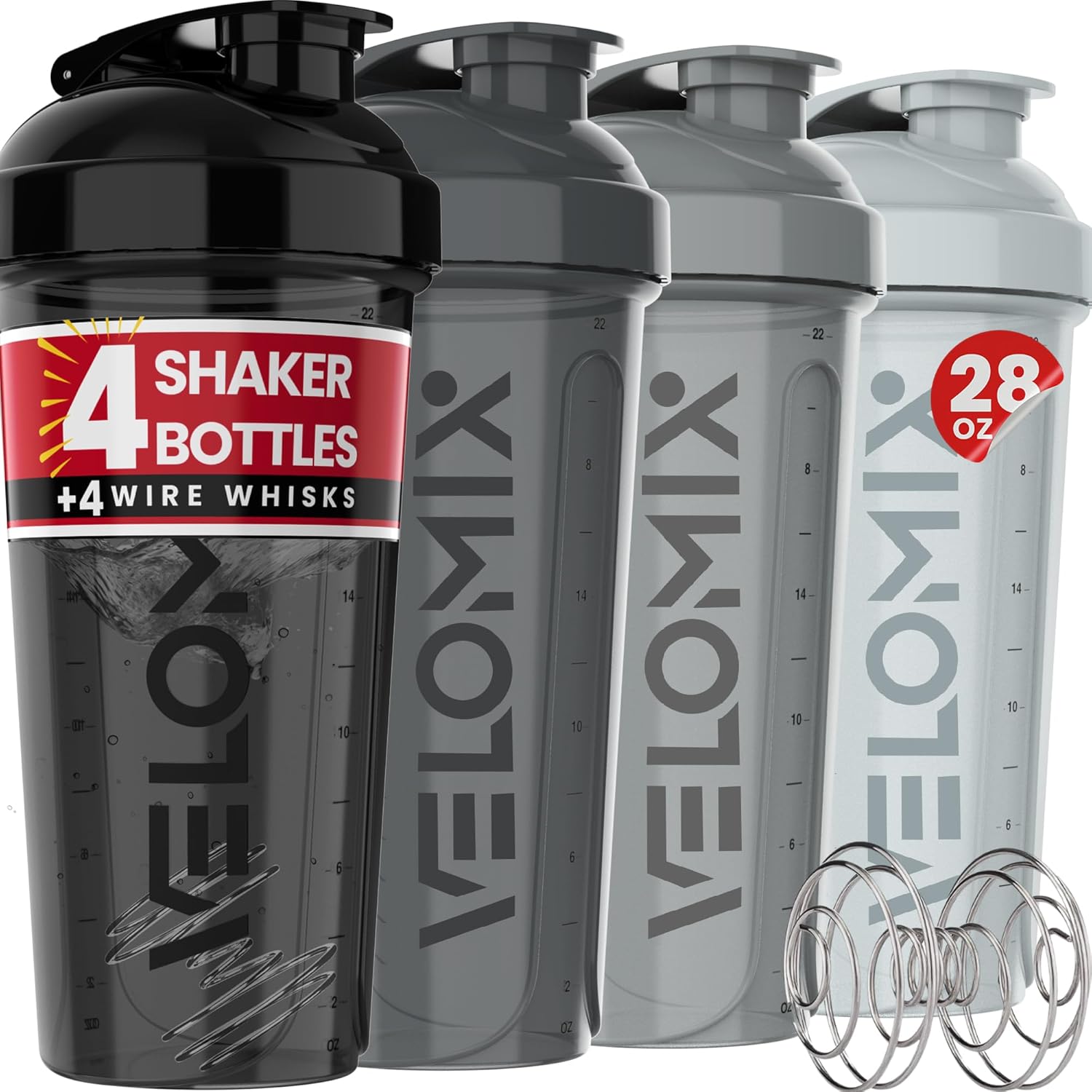 VELOMIX -4 Pack- 28 oz Protein Shaker Bottles for Protein Mixes - 4x Wire Whisk | Leak Proof Shaker Cups for Protein Shakes | Stackable Protein Shaker Bottle Pack (Silver Mix)