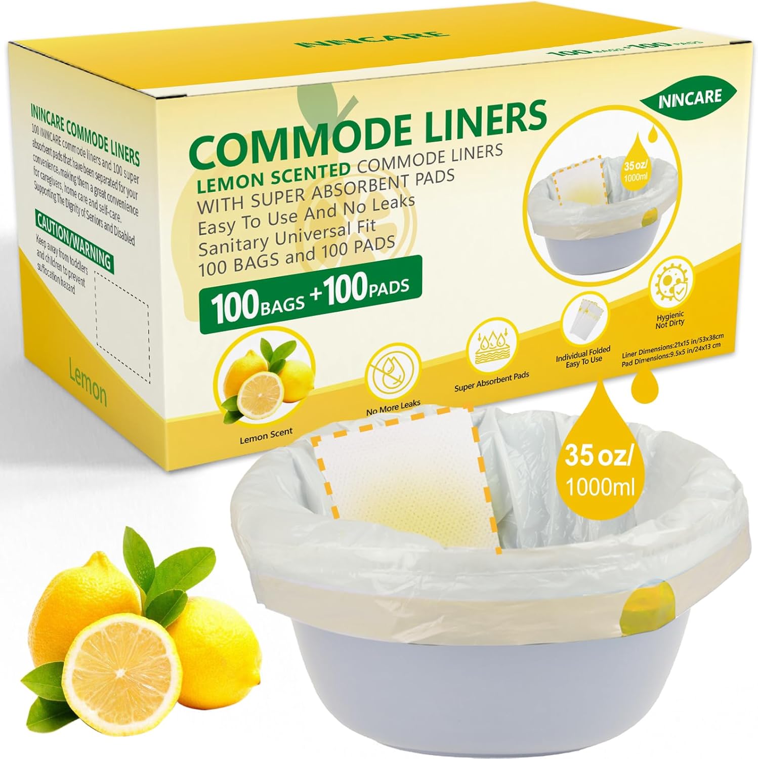 Commode Liners with Absorbent Pads for Bedside Commode, 100 Lemon Scented Bedside Commode Liners and 100 Commode Pads, Commode Toilet ＆ Camping Toilet Bags