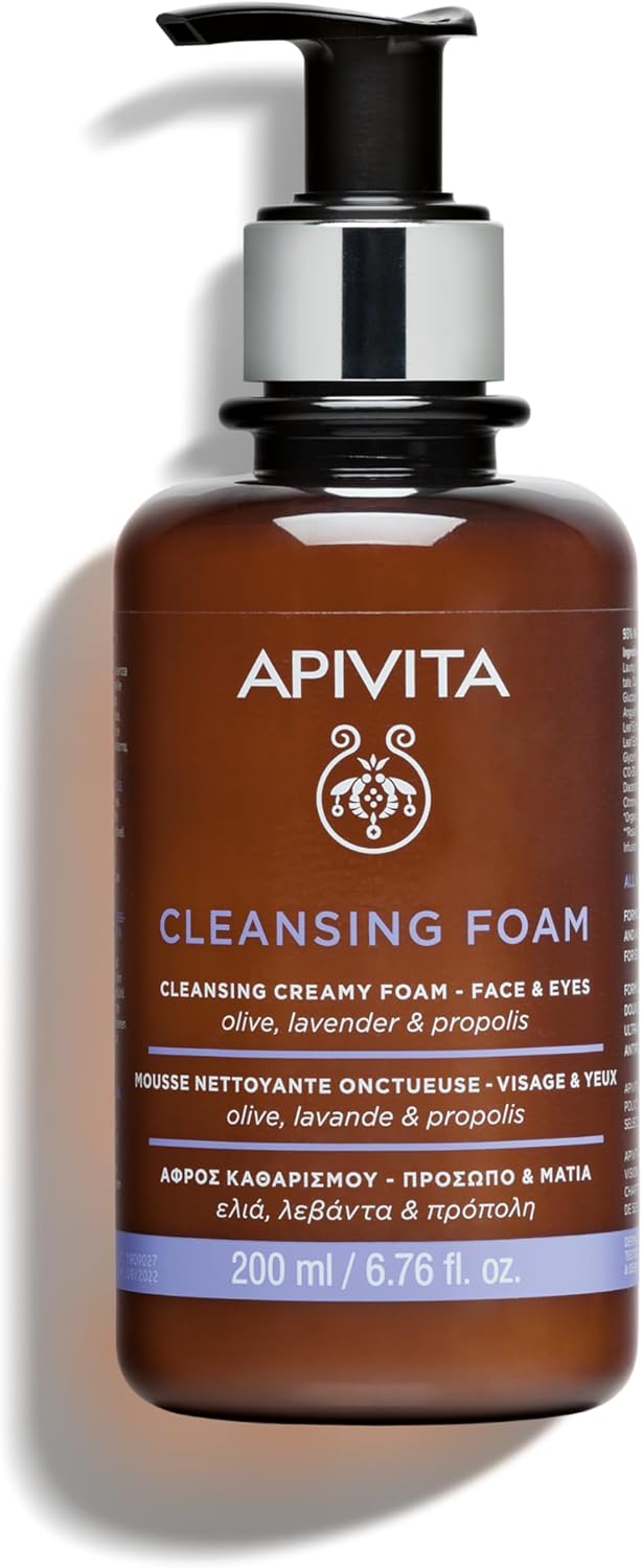 Apivita Cleansing Foam | Hydrating & Soothing Cleansing Creamy Foam for Face & Eyes with Olive, Lavender & Propolis, 200 mL / 6.67 oz