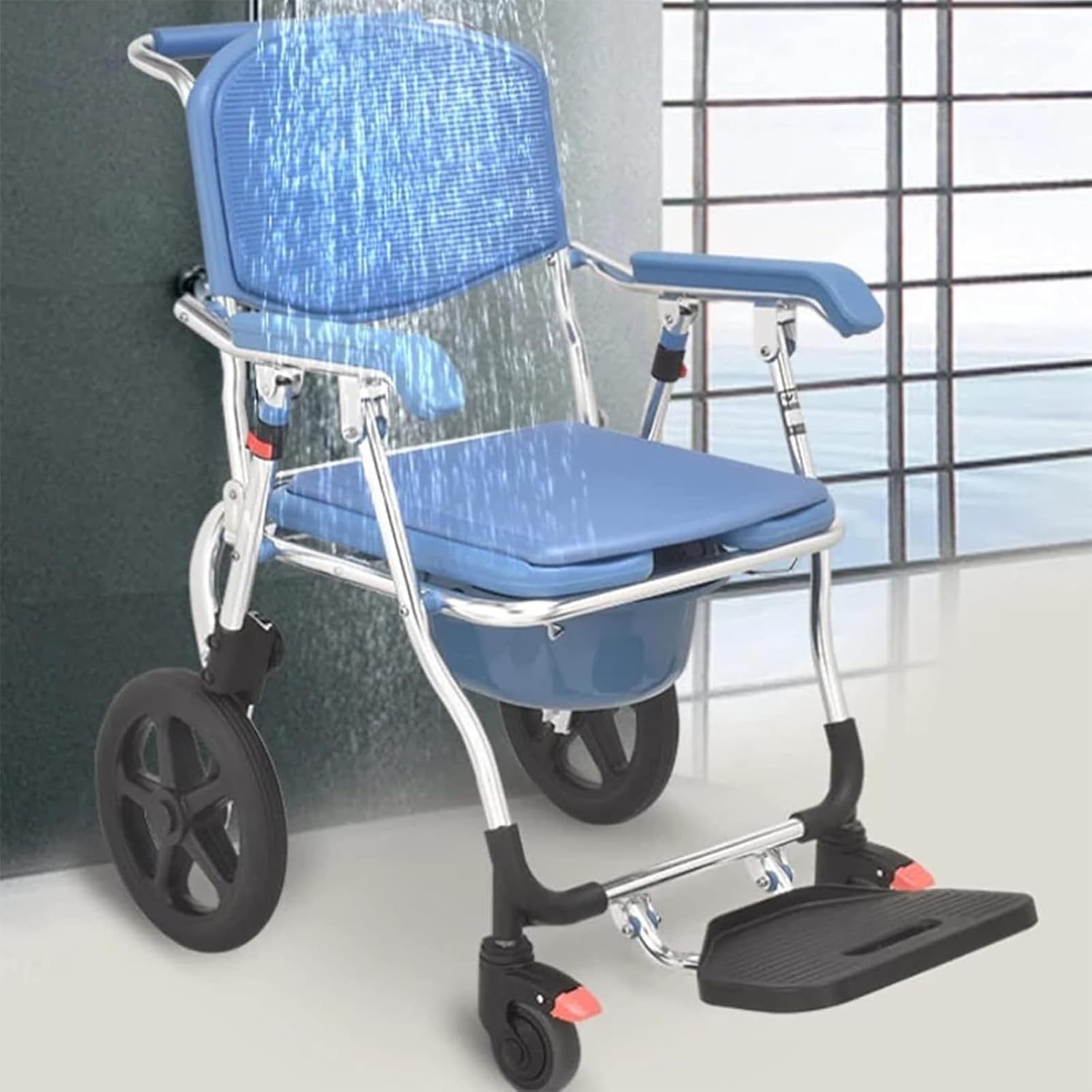 Shower Wheelchair, Adjustable Height Aluminum Alloy Toilet Bathroom Bath Chair, Shower Wheelchair Toilet with Handrails, Suitable for The Elderly and Disabled