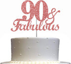 Fabulous & 90 Rose Gold Glitter Cake Topper, 90th Birthday Party Decorations Ideas, Premium Quality Decoration, Sturdy Doubled Sided Glitter, Acrylic Stick. Made in USA