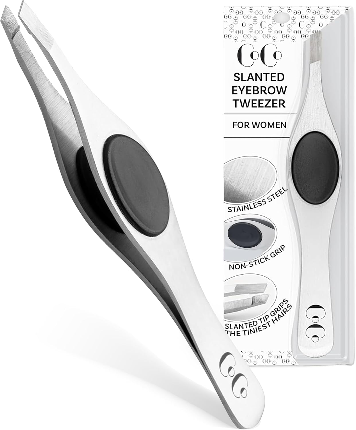Tweezers for Facial Hair Women - Slanted Eyebrow Tweezers, Stainless Steel with Sharp Precision for Shaping Eyebrows, and Ingrown & Fine Hair Removal - Non-Slip Grip