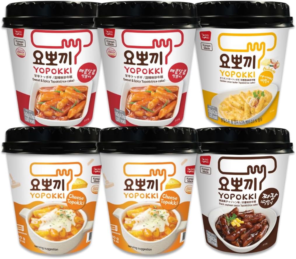 Yopokki Instant Tteokbokki Rice Cakes Korean, Variety Topokki Cup - Great with Cheese and Ramen Toppings, Korean Snacks for College Dorm, Korean Street Food Quick & Easy to Prepare, Pack of 6