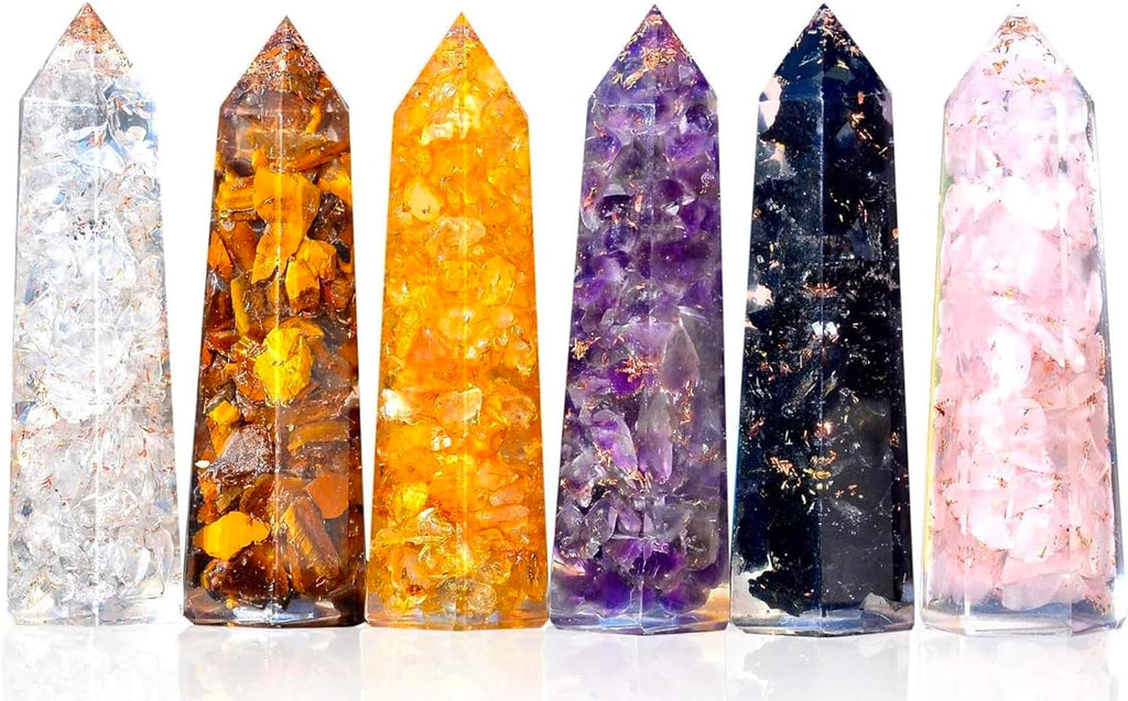 Healing Crystal Wand Set of 6 Orgonite – Includes 3” Amethyst Crystal, Tigers Eye, Rose Quartz, Black Tourmaline Stone, Citrine and Clear Quartz Orgone Crystal Plus Black Tourmaline Necklace
