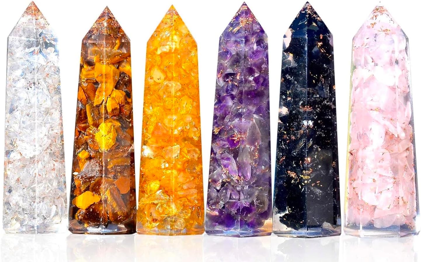 Healing Crystal Wand Set of 6 Orgonite – Includes 3” Amethyst Crystal, Tigers Eye, Rose Quartz, Black Tourmaline Stone, Citrine and Clear Quartz Orgone Crystal Plus Black Tourmaline Necklace