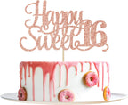 Rose Gold Glitter Happy Sweet 16 Cake Topper - Happy 16th Birthday Cake Decor - Hello 16, Cheers to 16 Years Birthday Party Decoration Supplies