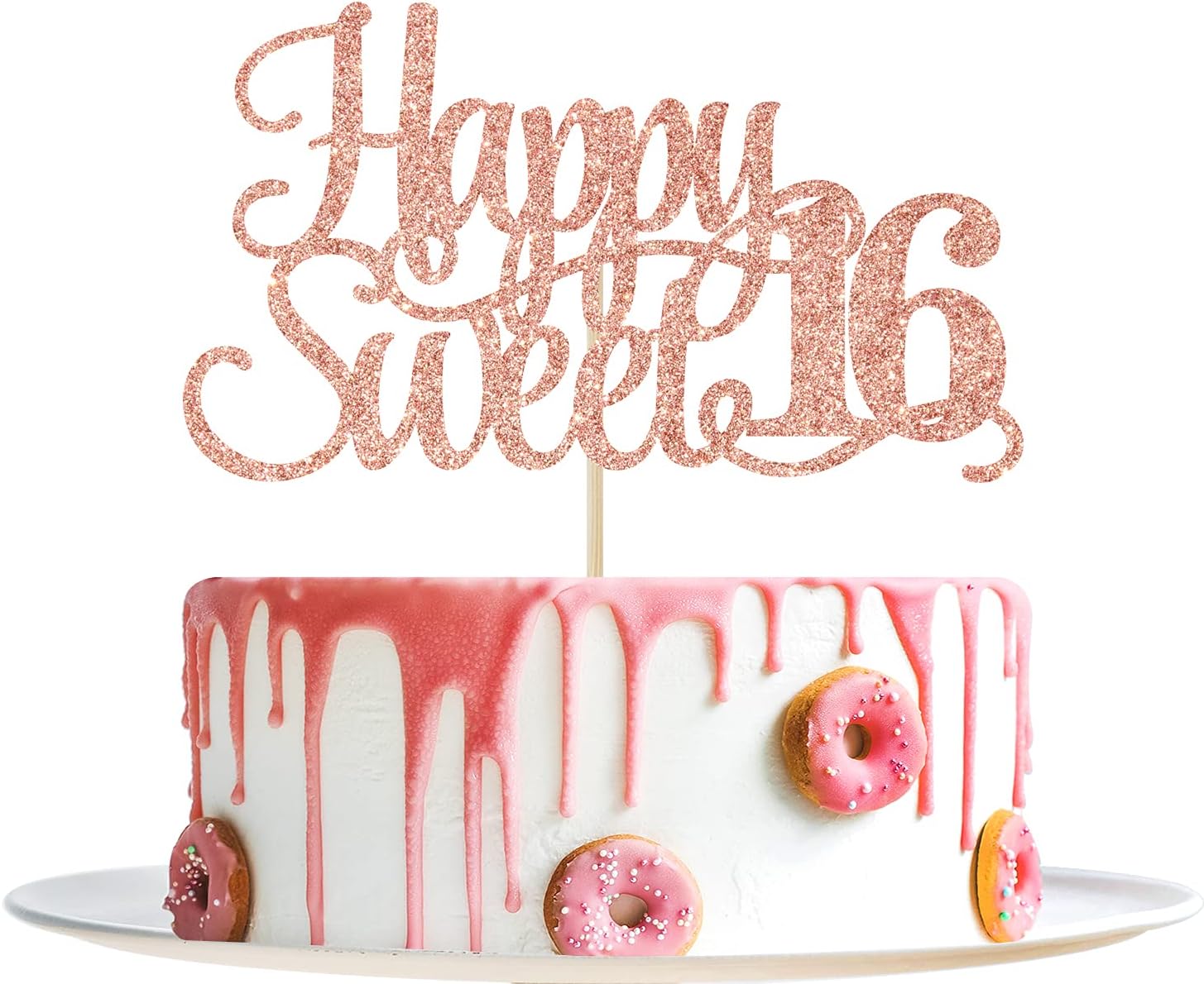 Rose Gold Glitter Happy Sweet 16 Cake Topper - Happy 16th Birthday Cake Decor - Hello 16, Cheers to 16 Years Birthday Party Decoration Supplies