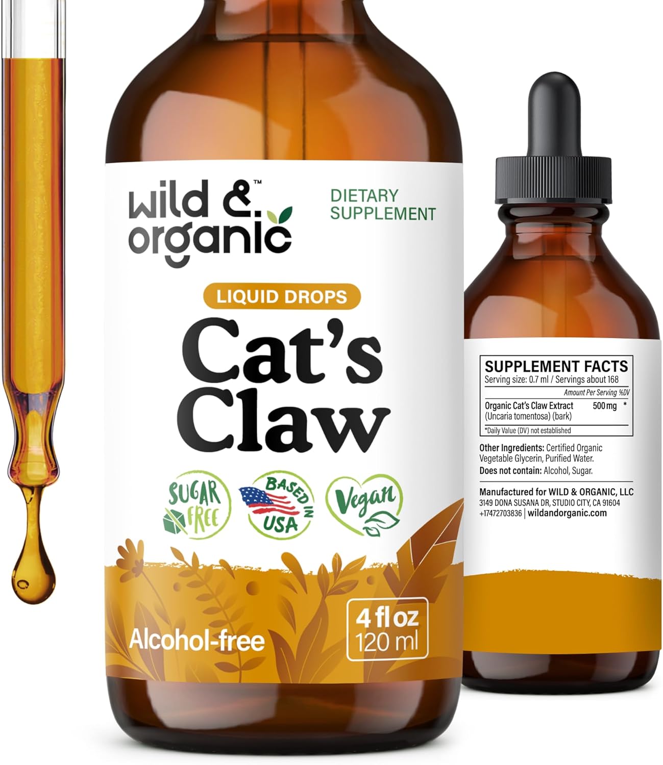 Wild & Organic Cats Claw Herb Supplement - Immune Support - Pure Cats Claw Tincture - Add to Tea Liquid Drops - Uncaria Tomentosa Bark - Vegan, Sugar & Alcohol-Free - 4 fl oz