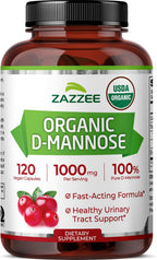 Zazzee USDA Organic D-Mannose, 1000 mg Per Serving, 120 Vegan Capsules, 2 Month Supply, Non-GMO, Urinary Tract & Bladder Support, Potent & Fast-Acting, Lab Tested for Quality & Purity, Made in USA