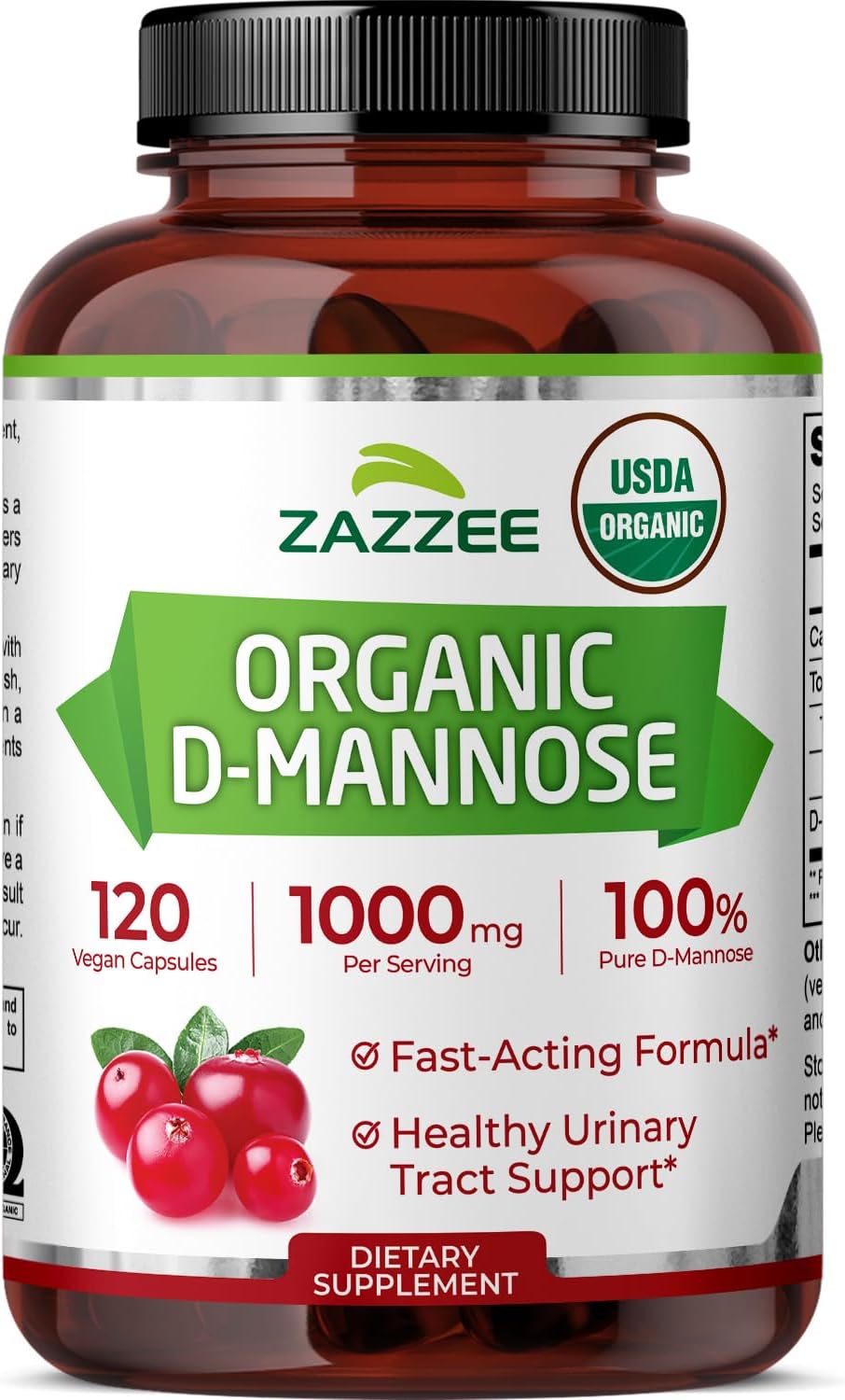 Zazzee USDA Organic D-Mannose, 1000 mg Per Serving, 120 Vegan Capsules, 2 Month Supply, Non-GMO, Urinary Tract & Bladder Support, Potent & Fast-Acting, Lab Tested for Quality & Purity, Made in USA