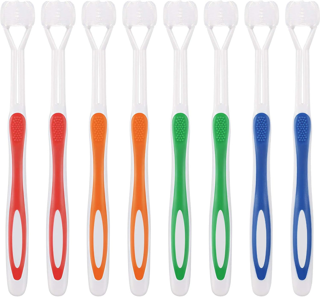 Boao 8 Pieces Three Sided Toothbrush Autism Travel Sensory Toothbrush for Complete Teeth, Great Angle Bristles Clean Tooth, Gentle/Soft (Green, Blue, Yellow, Red)