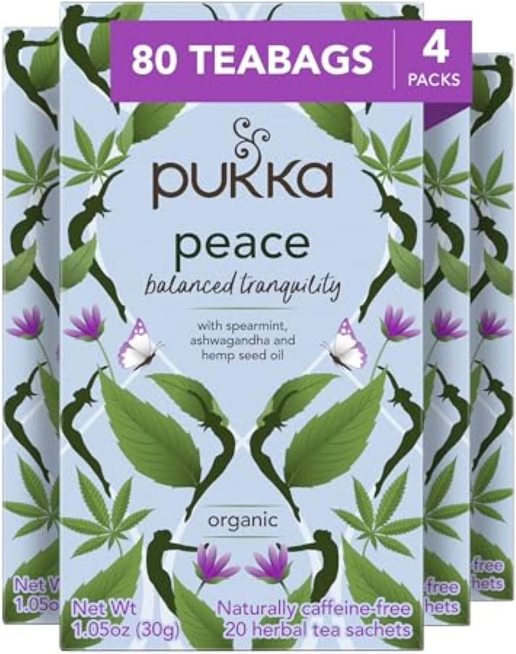 Pukka Peace Organic Tea Bags, Herbal Tea with Spearmint, Ashwagandha, and Hemp Seed Oil, Perfect for Balanced Tranquility, Caffeine Free, 80 Total Tea Bags (20ct - Pack of 4)