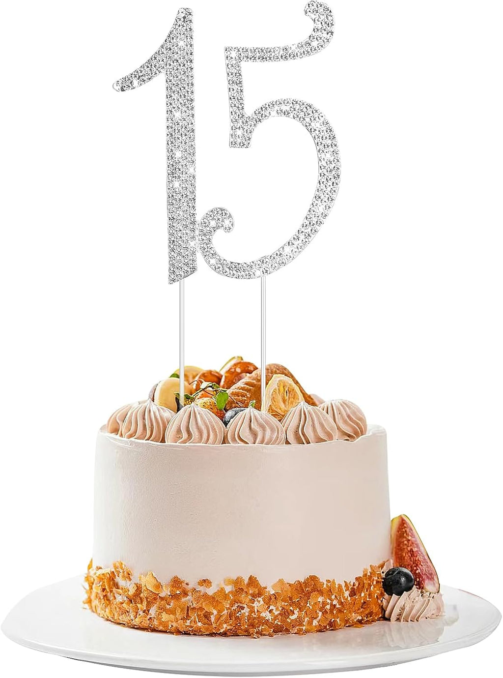 Mabor 15 Cake Topper, Crystal Happy Number 15th Birthday Cake Topper Rhinestones 15th Cake Topper Decoration Supplies for Birthday Party and Anniversary Party(Silver)