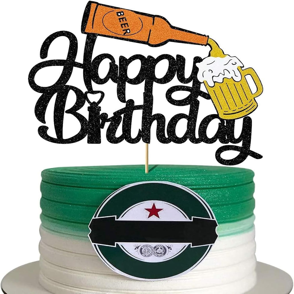 Happy Birthday Beer Cake Topper, Glitter Topper for Cheers and Beer Themed Parties, Cake Decorations for Adult Men Women Night Club Event Party (6.7"x5.16")