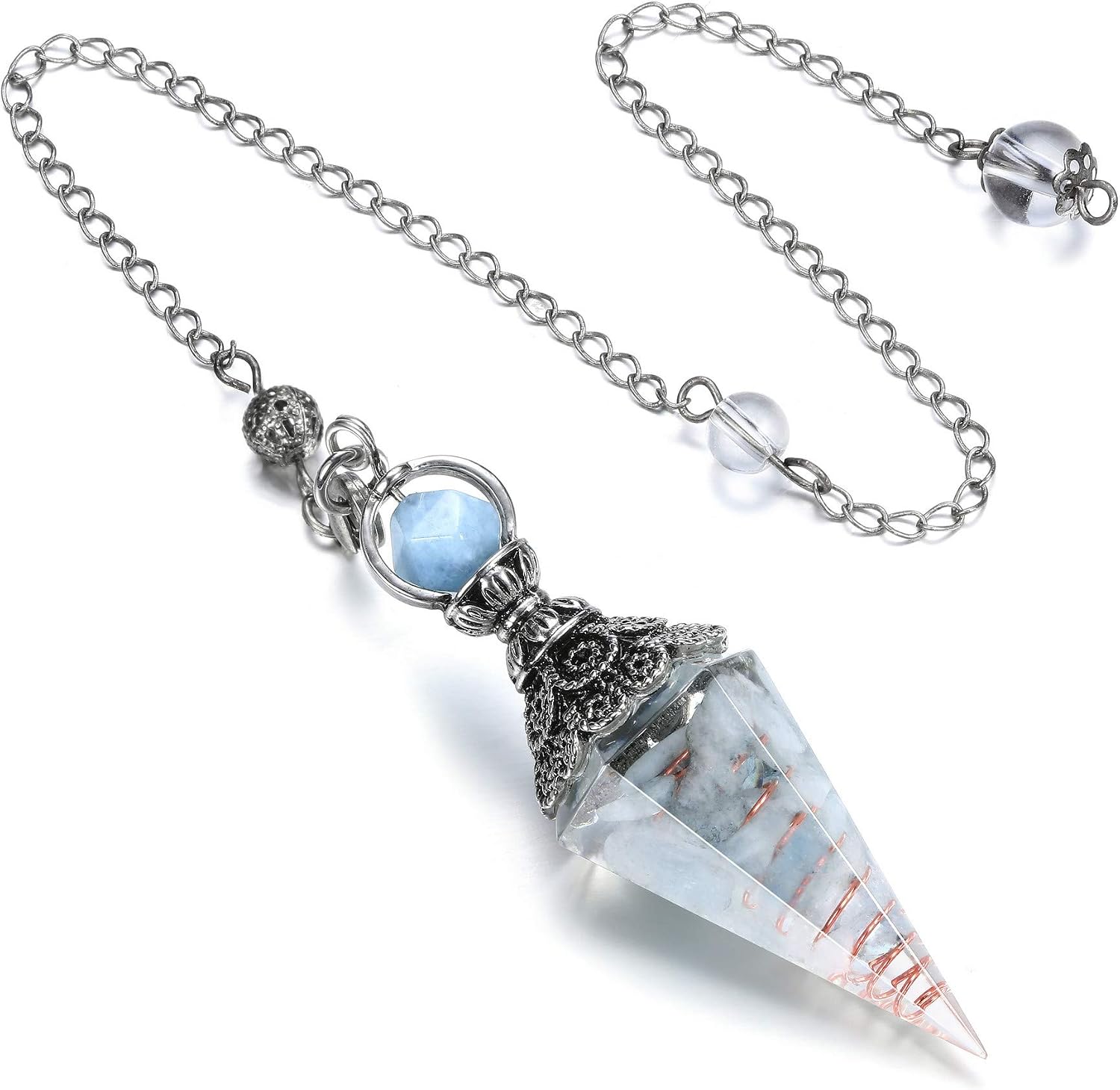 GEHECRST Natural Aquamarine Healing Crystal Dowsing Pendulum Reiki Gemstone Chips Orgone Pendulum 6 Faceted Hexagonal Pointed Resin Spiritual Pendant for Divination, Wicca, Energy Balancing