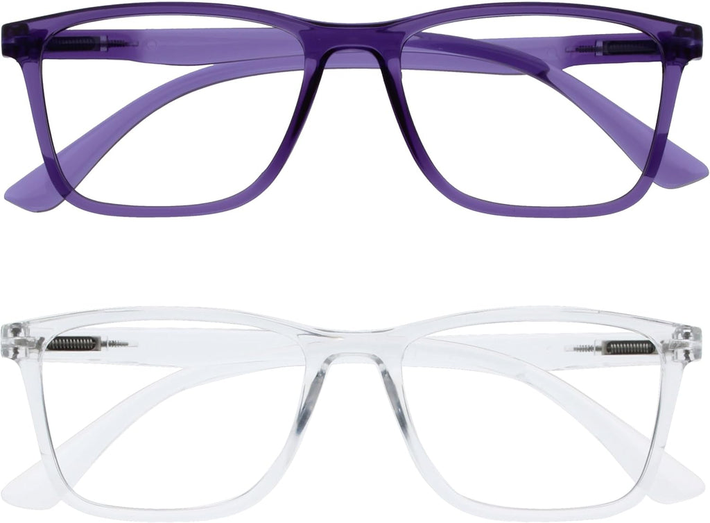 OPULIZE NYX Reading Glasses with Blue Light Blocking for Women Men, Rectangular Frame with UV & Eyestrain Protection, Anti-Glare Computer Gaming Glasses, Purple, Clear +0.0 (Pack of 2)