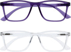 OPULIZE NYX Reading Glasses with Blue Light Blocking for Women Men, Rectangular Frame with UV & Eyestrain Protection, Anti-Glare Computer Gaming Glasses, Purple, Clear +0.0 (Pack of 2)