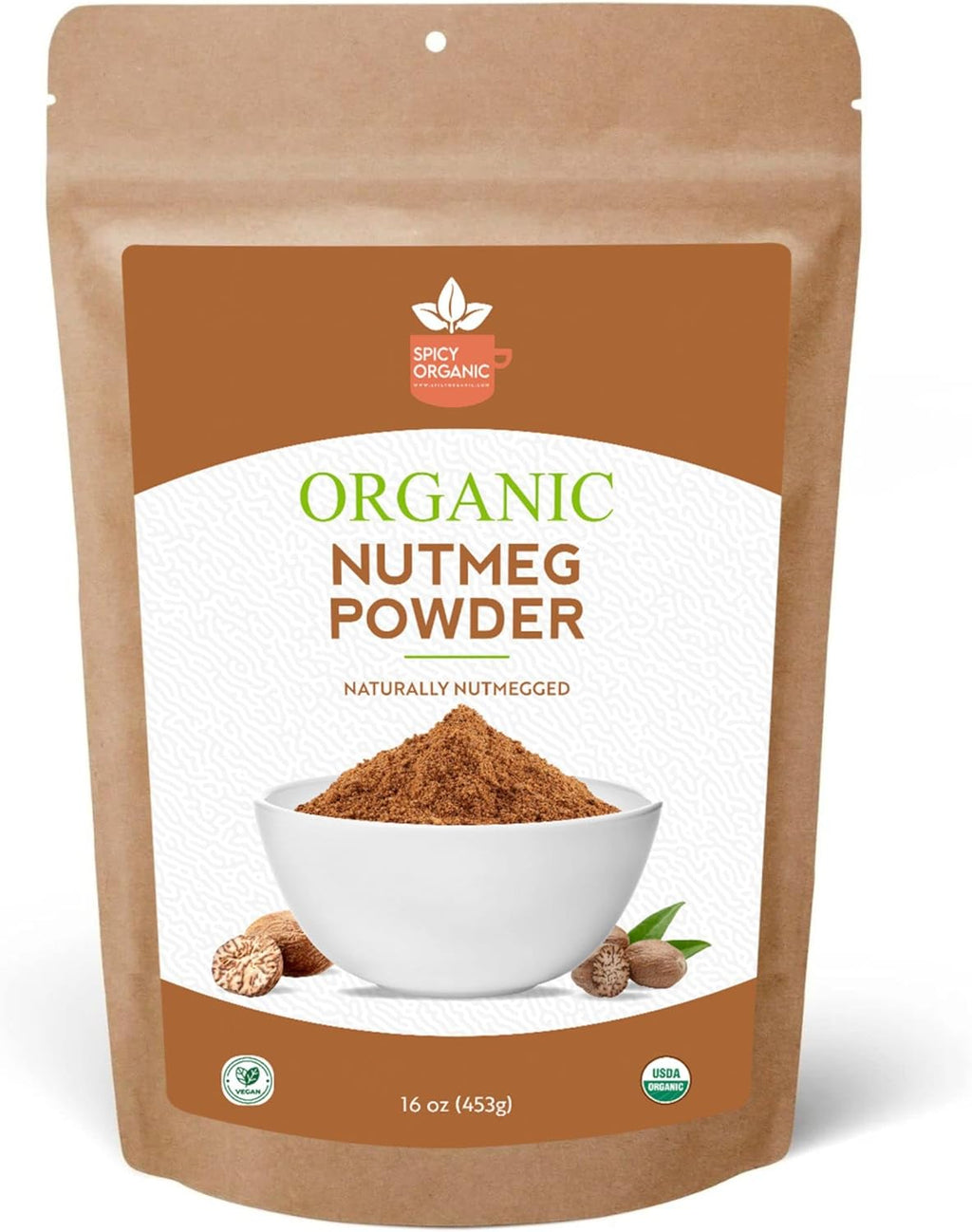 SPICY ORGANIC Ceylon Ground Nutmeg Powder – 16 oz (454g) Resealable Bag | USDA Organic, Non-GMO, Kosher | Fresh, Warm Organic Nutmeg Powder for Baking, Cooking, Eggnog, Chai & More