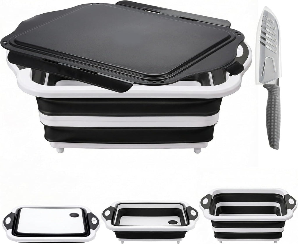 Collapsible BBQ Prep Tub with Lid, Foldable Camping Sink with Colander, Cutting Board, Dish Basin for Kitchen, Bowl, Vegetable and Fruit, Storage Basket for Picnic-Black