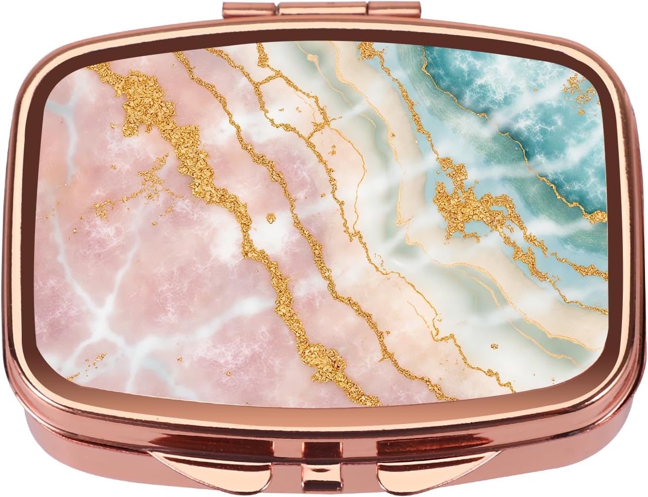 Pill Case Pill Box with Mirror Retro Pocket 2 Compartment Medicine Case Vitamin Pill Organizer for Pocket Purse and Travel - Rose Gold-Marble Veins