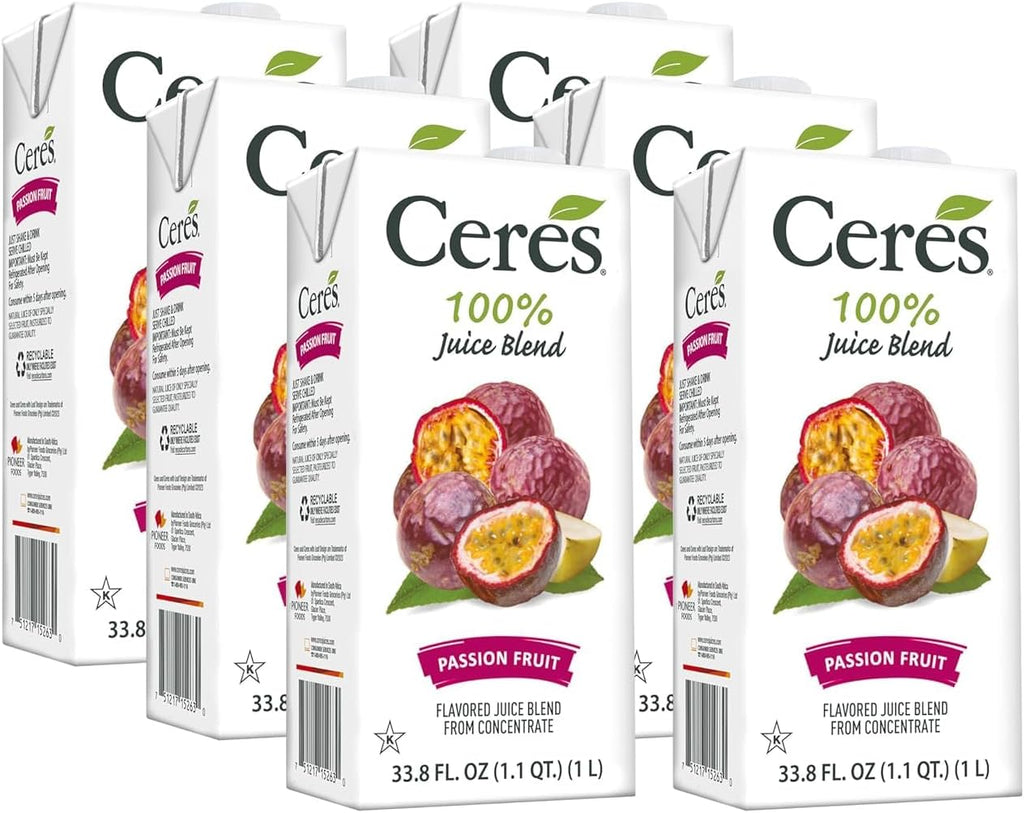 Ceres 100% All Natural Pure Fruit Juice Blend - Delicious Passion Fruit Edition - Rich in Vitamin C, No Added Sugar or Preservatives, Cholesterol and Gluten Free - 33.8 Fl Oz (Pack of 6)