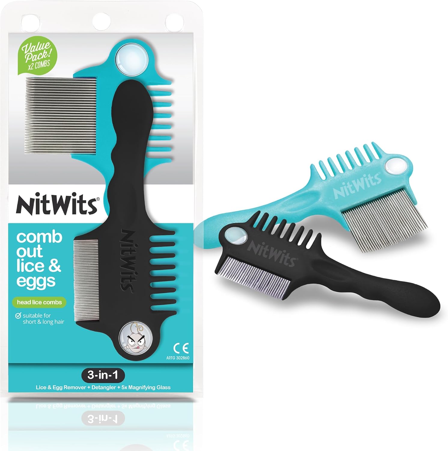 NitWits Head Lice & Egg Comb 2 Pack, 3-in-1 Lice Comb, Detangles, Removes Lice & Eggs and Includes 5x Magnifying Glass