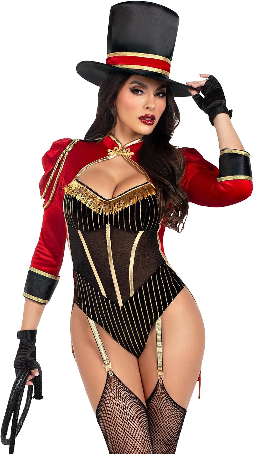 Leg Avenue Women's 2 PC Ravishing Ringmaster Costume Womens Halloween Costumes with Attached Velvet Tail Coat, and Top Hat