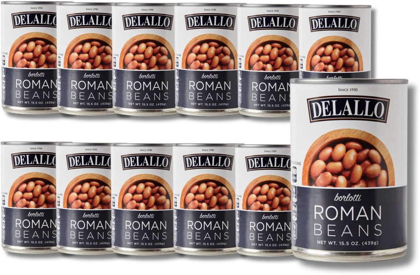 DeLallo Roman Beans, Borlotti Beans for Soups, Salads, and Dips, Non-GMO, Kosher, No Preservatives, Tender Creamy Texture, 15.5 oz Can, (12 Pack)
