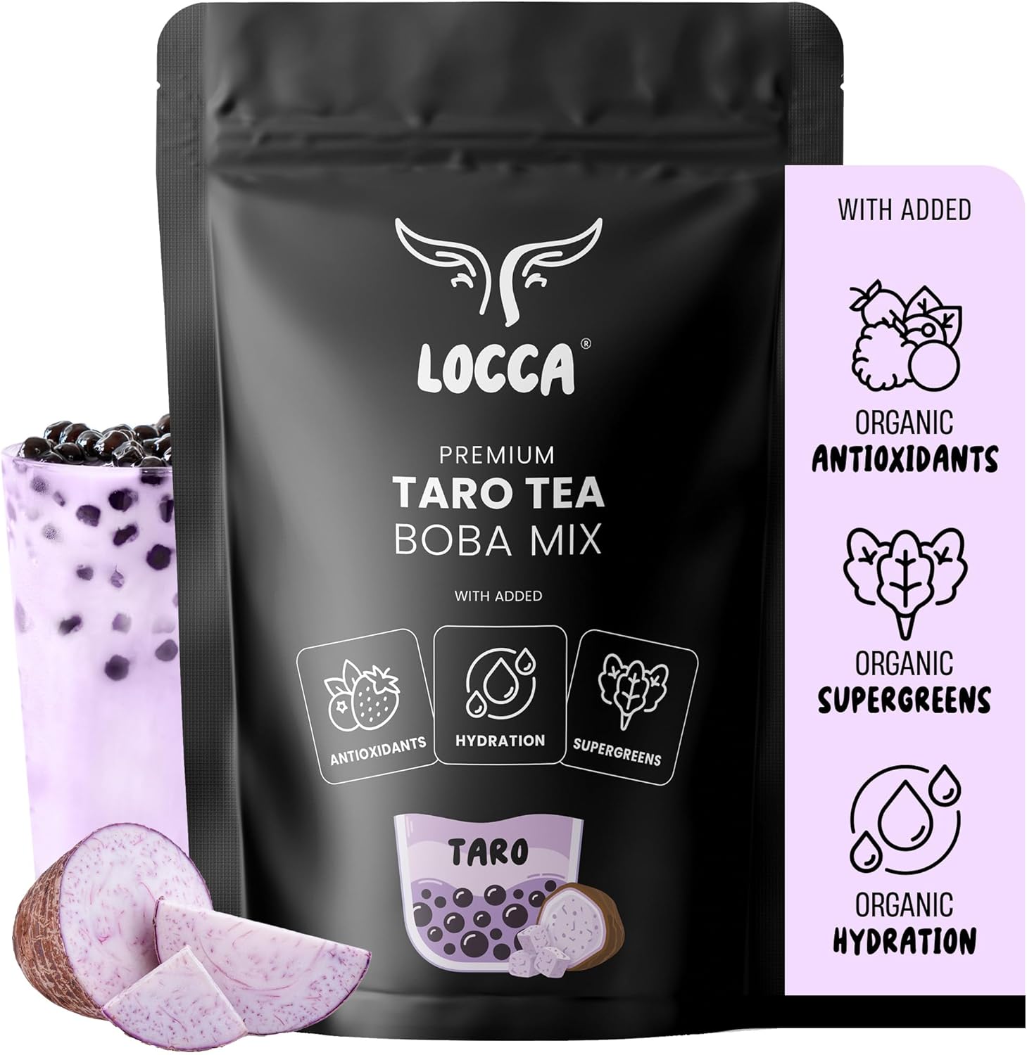 Locca Taro Milk Tea Powder for Boba Bubble Tea (19.75oz) with Organic Taro Super-greens Antioxidants Hydration