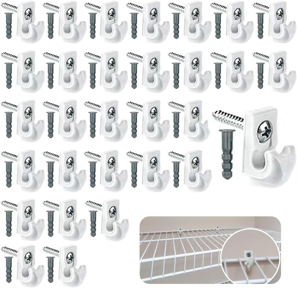 30-Pack White Wire Shelf Clips with Screws and Expansion Tubes – Plastic Wall Brackets for Closet and Wire Shelving Support