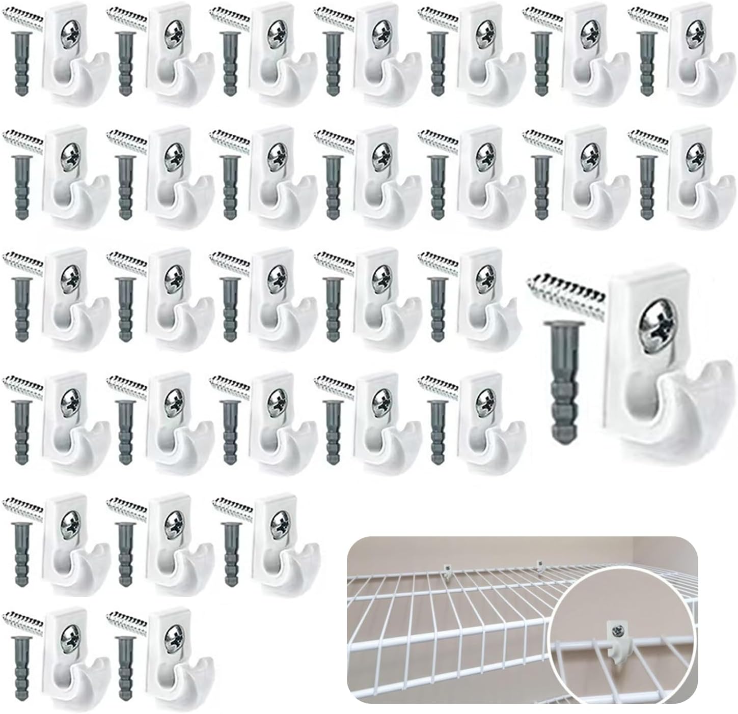 30-Pack White Wire Shelf Clips with Screws and Expansion Tubes – Plastic Wall Brackets for Closet and Wire Shelving Support
