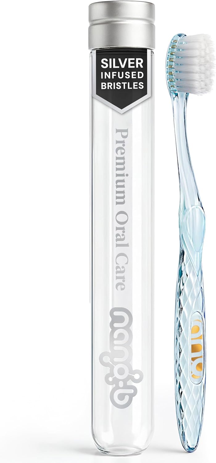 Nano-b Manual Toothbrush for Adults with Sensitive Gums, Silver Soft/Medium Bristles, Travel Case, Blue