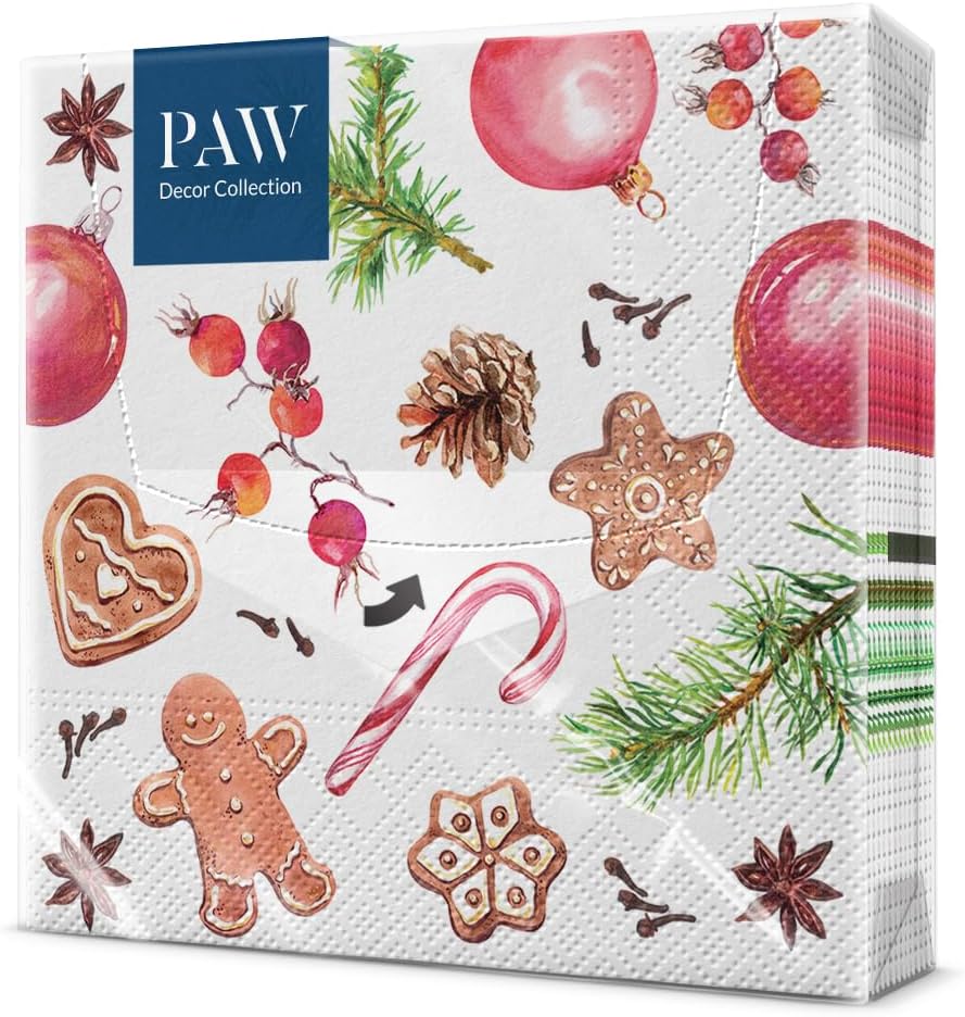 PAW Paper Napkin – 3 Ply (33 x 33 cm) I Pack of 20 Paper Napkins with Christmas, Winter, Stars and Sweets, Table Decoration, Ideal for Christmas (Homemade Sweets)