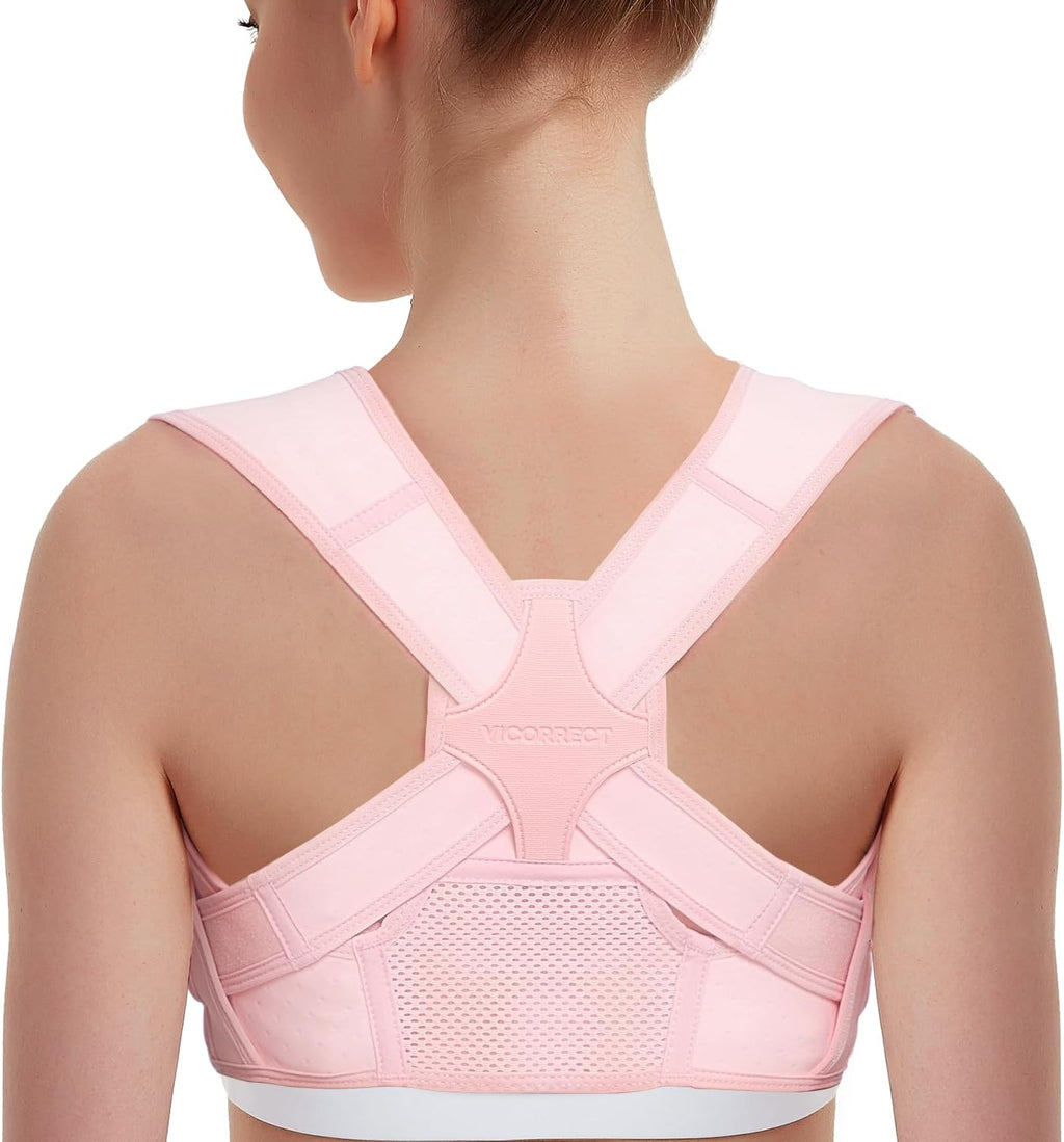 Vicorrect Posture Corrector for Women and Men: Adjustable Brace Straps for Upper Back Pain Relief and Shoulder Support (Pink, M/L)