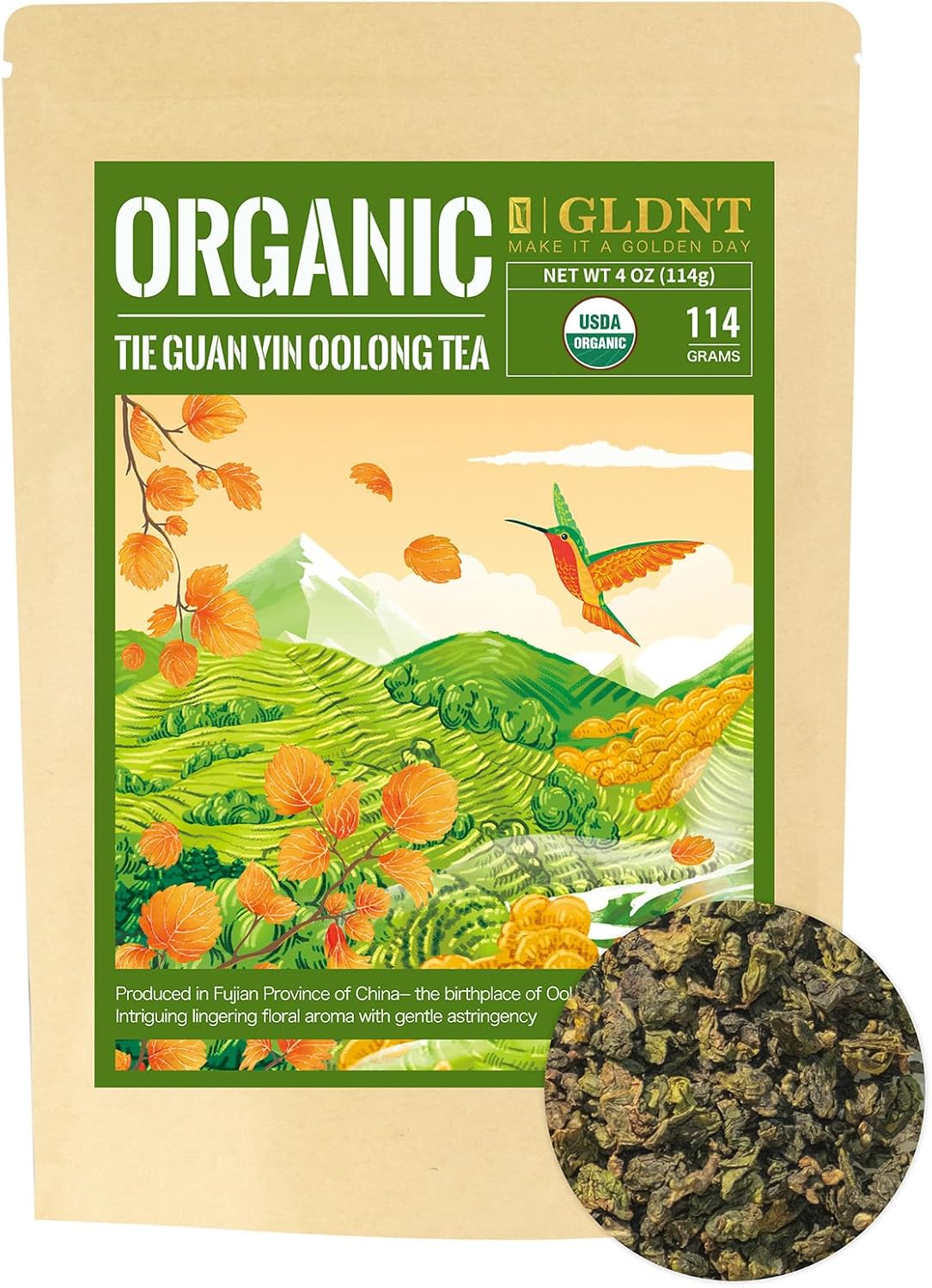 GLDNT Organic Oolong Tea Loose Leaf, Anxi Tie Guan Yin, High Mountain Iron Goddess of Mercy, Smooth Taste, 4oz