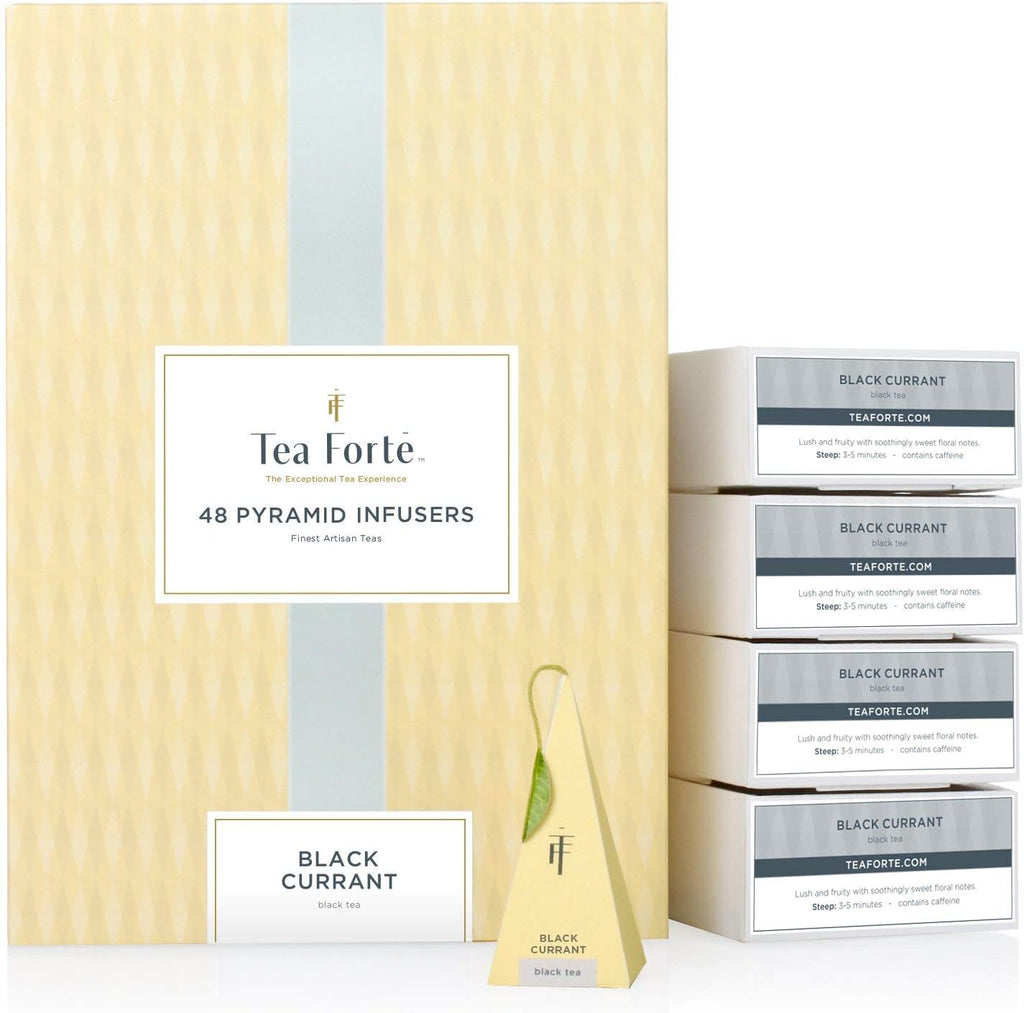 Tea Forte Black Currant Black Tea Event Box, Bulk Pack of 48 Pyramid Infuser Tea Sachets for All Occasions