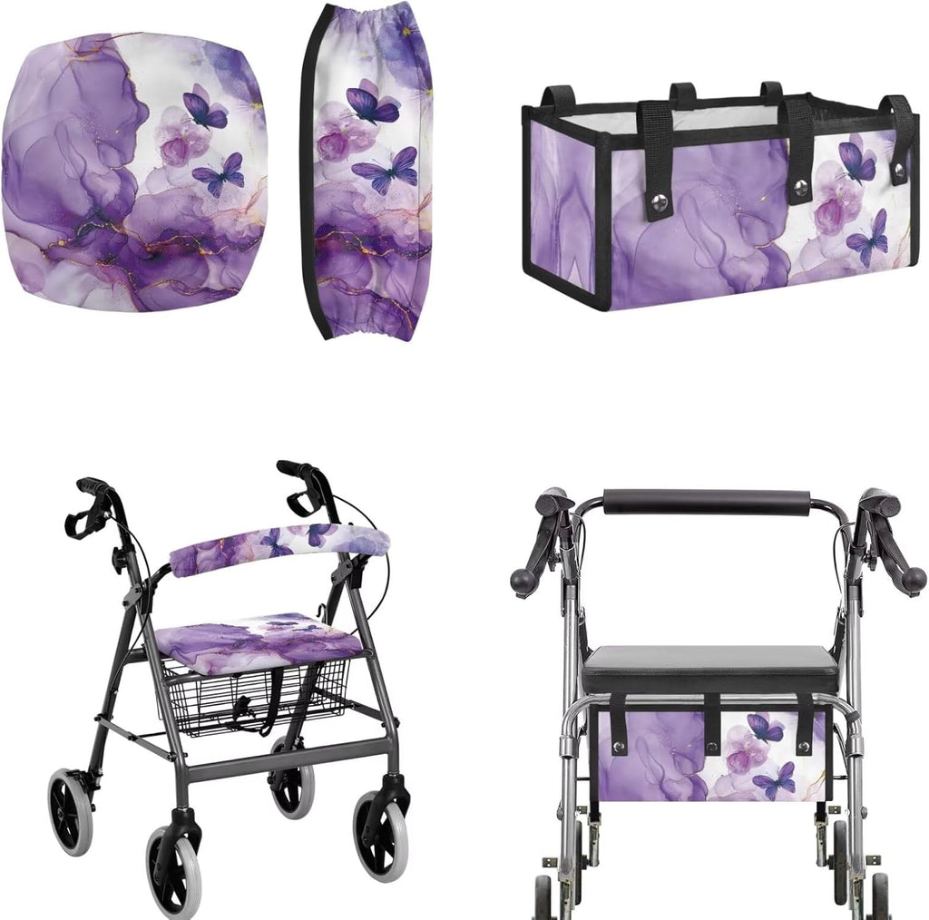 LedBack 3 Pcs Sets Rollator Walker Accessories Purple Marble Print Butterfly Walker Seat Cover Rollator Walker Seat & Backrest Covers, Rollator Storage Under Seat Bag