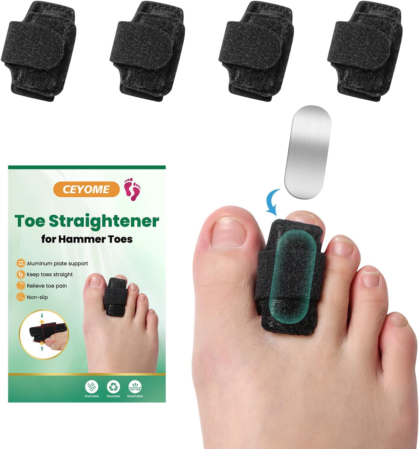 Hammer Toe Straightener for Men & Women - 4 Pack Soft & Breathable Toe Splints for Hammer, Bent & Curled Toes - Hammer Toe Corrector & Wrap for Walking, Running & Rest (Black)