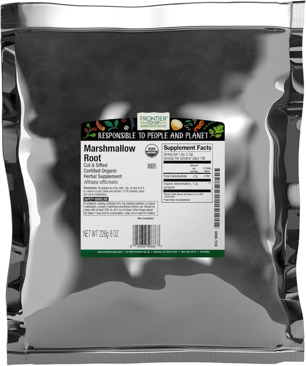 Frontier Co-op Organic Marshmallow Root Herb, Cut and Sifted - For Marshmallow Root Tea, Powder, Capsules and More - Kosher | 16 Ounce (Pack of 1)
