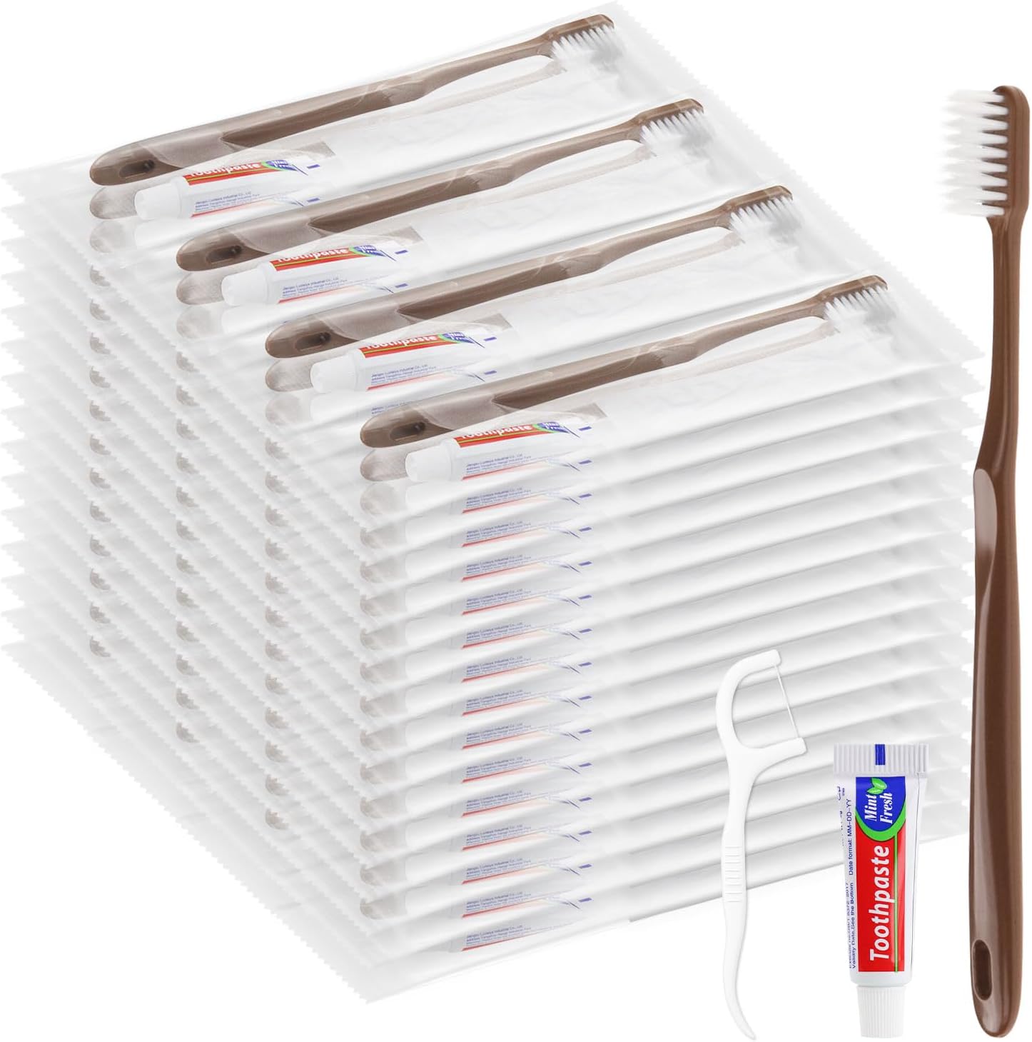 Disposable Toothbrushes with Toothpaste, Travel Toothbrush Kit, Individually Packaged, Brown, with Floss Picks, Suitable for Hotel, Home, Camping, Travel (200-PACK)