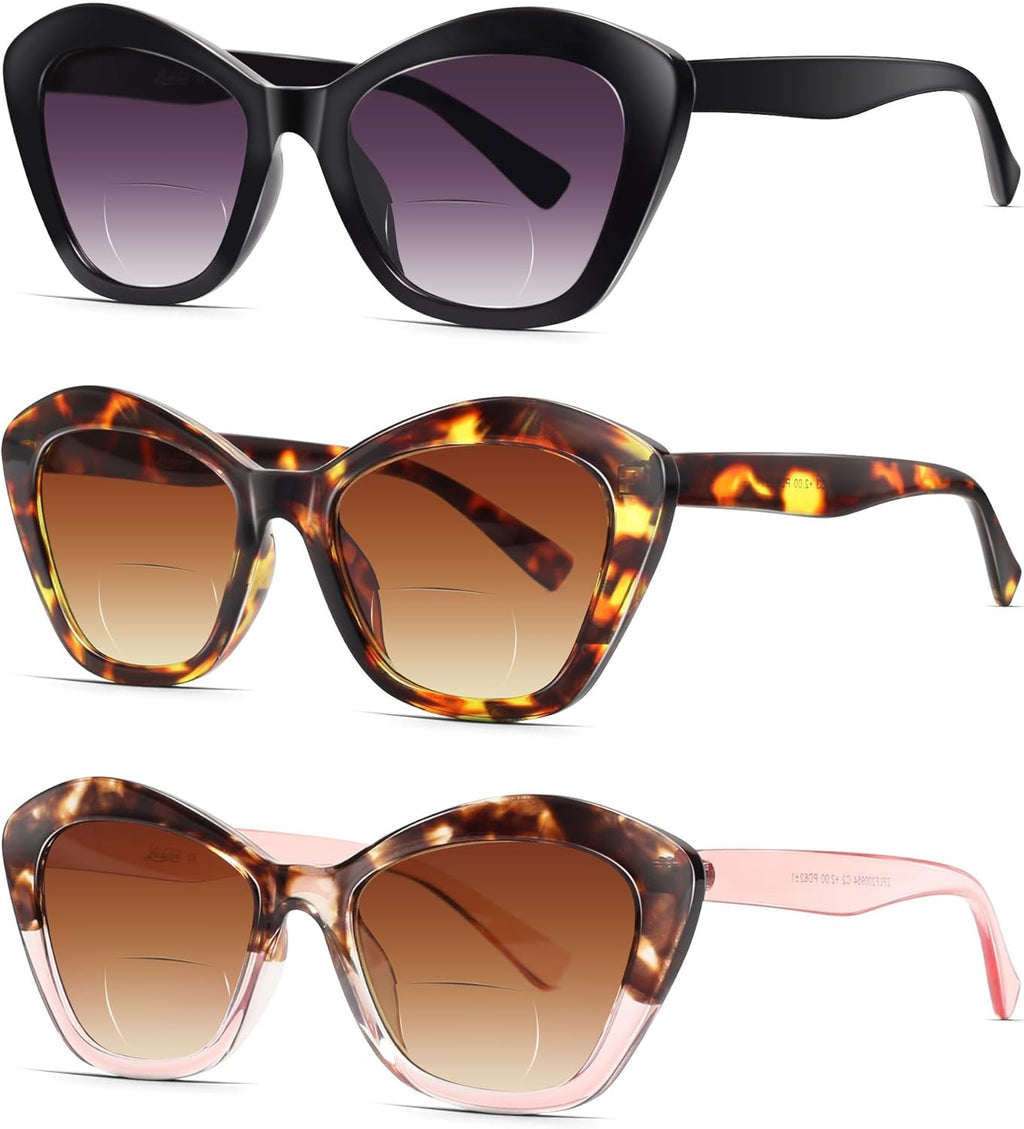 LADEESSE 3 Pack Bifocal Reading Sunglasses for Women Fashion Cateye Sun Readers Outdoor Reading Glasses UV400 +1.25 Protection
