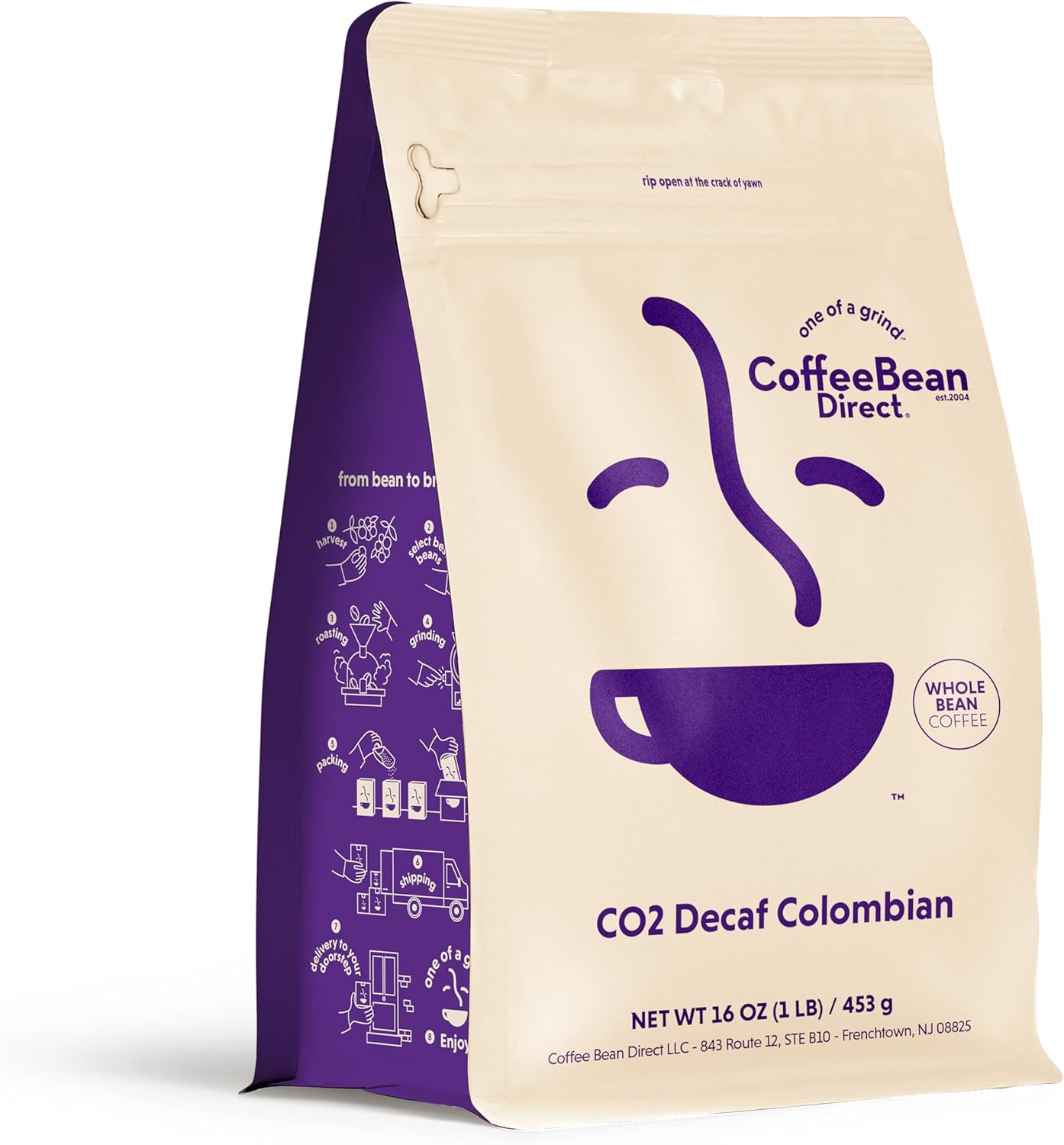 Coffee Bean Direct CO2 Decaf Colombian, Whole Bean Coffee, Arabica Coffee, Light Roast, 1 Pound Bag (Pack of 1)